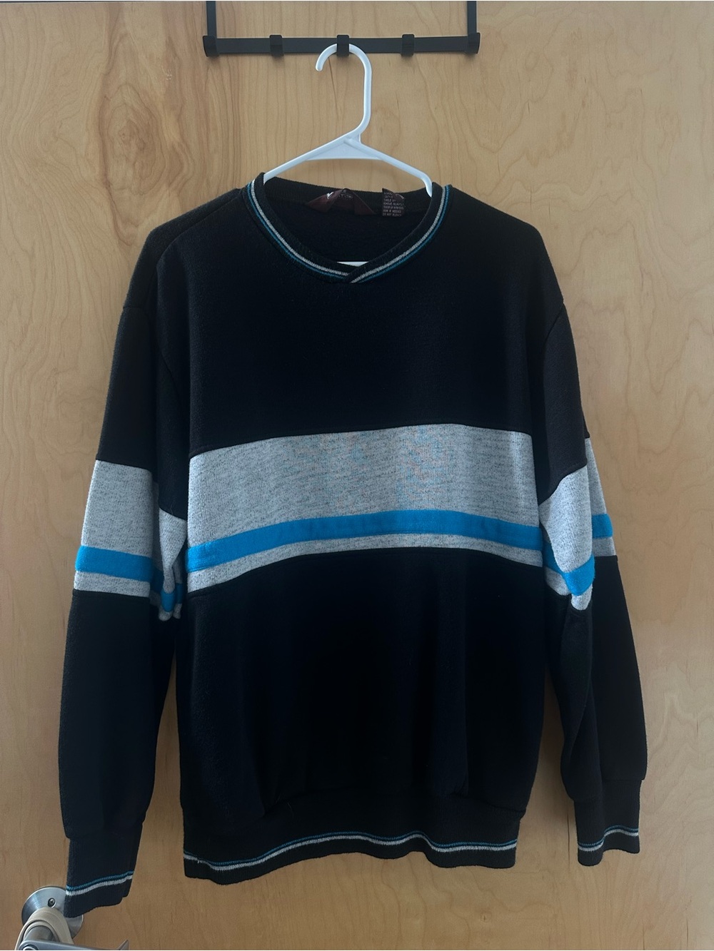 Men's Black Knit Sweater with Gray and Blue Stripe